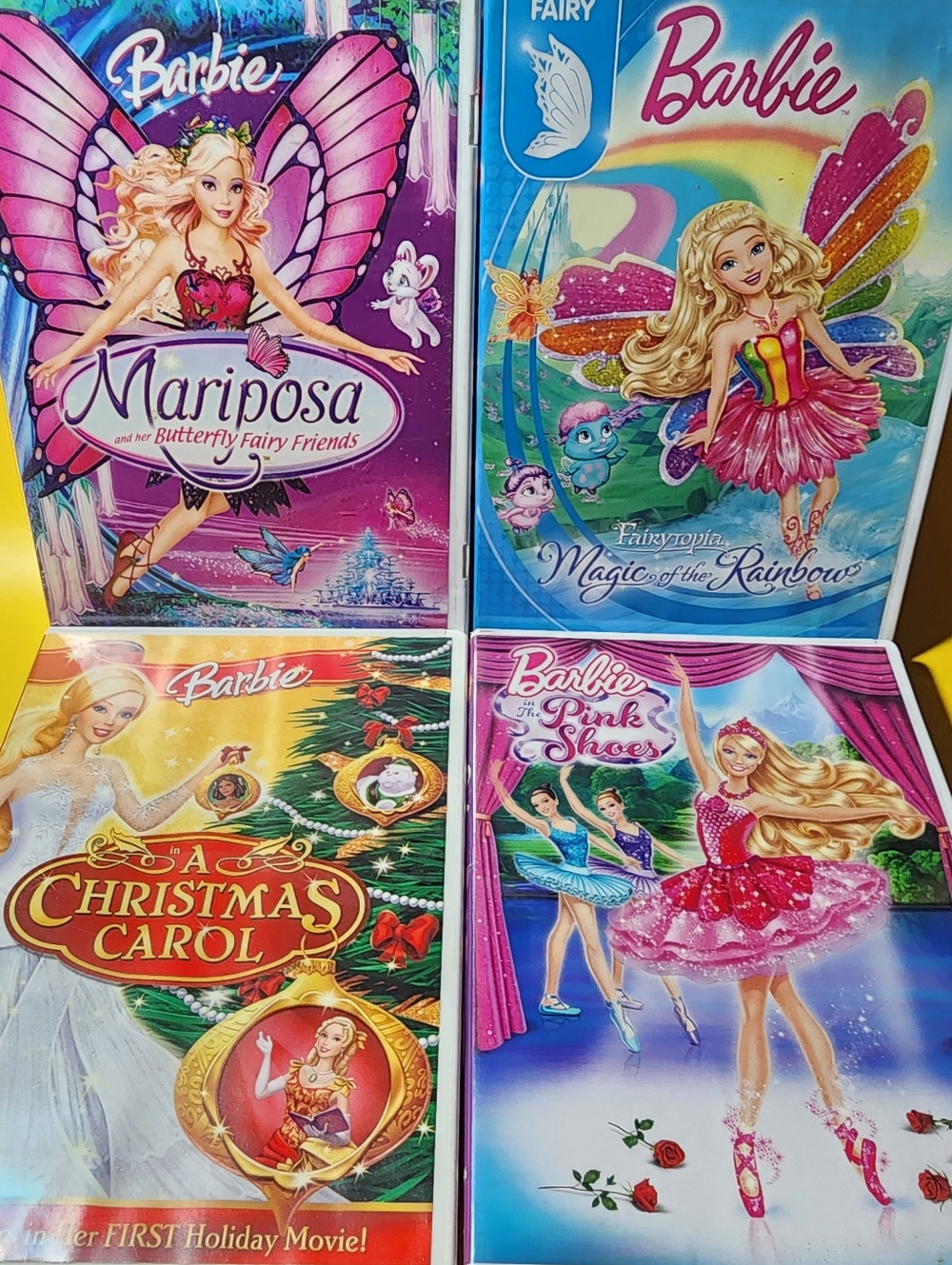 4 Barbie DVD Lot Mariposa Fairytopia Pink Shoes Christmas Carol